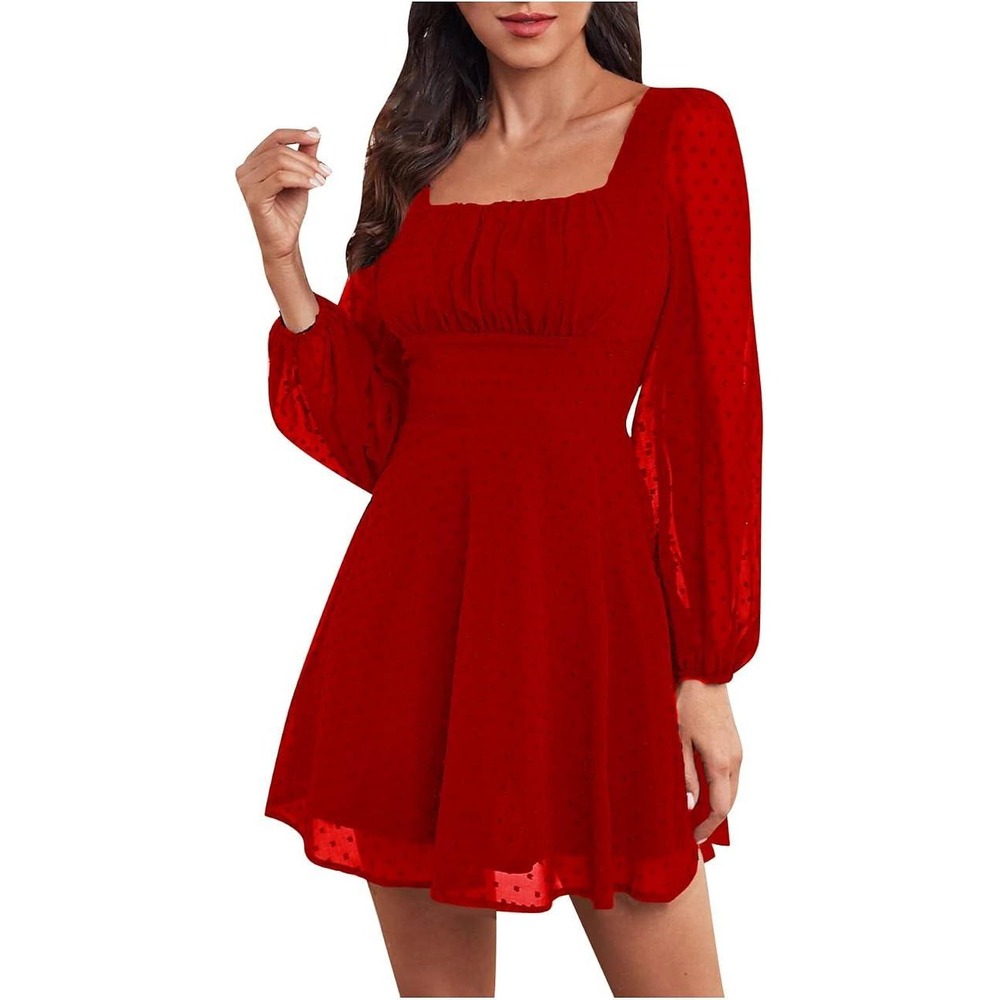 Romantic Burgundy Swiss Dot Mini Dress Long Balloon Sleeve Fit Flare Medium